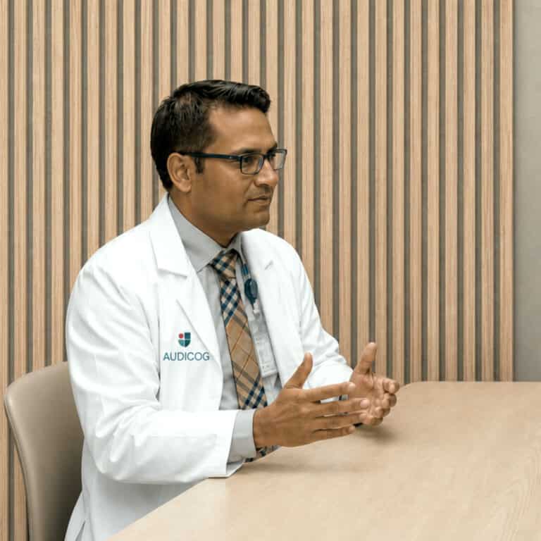 Dr. Rajarshi Pratihar, AuD, speaking with a patient at AUDICOG in Houston