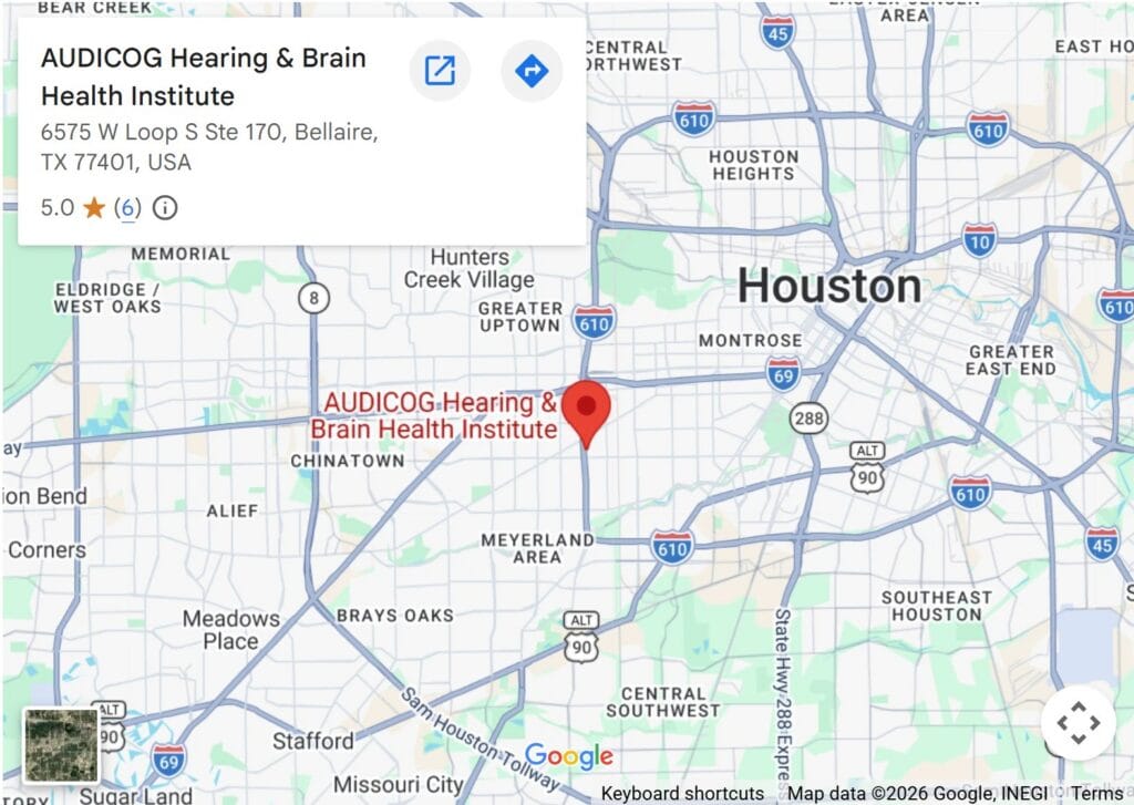 Map showing AUDICOG Hearing & Brain Health Institute at 6575 W Loop S Suite 170, Bellaire, TX 77401 in Houston